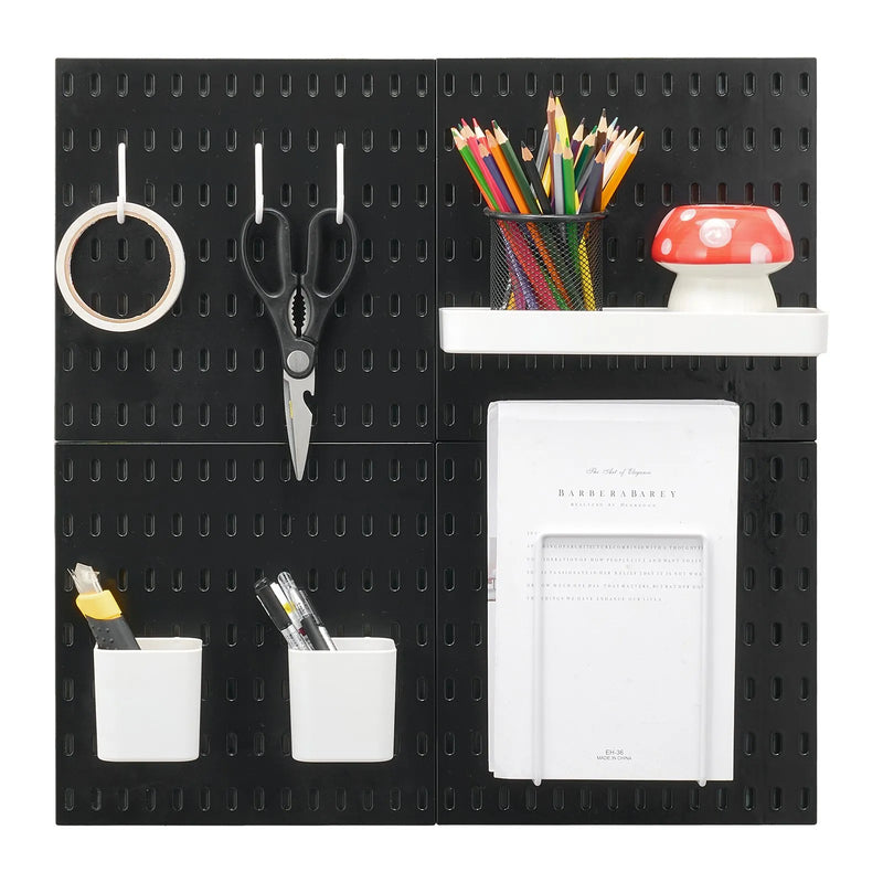 VEVOR plastmasas Pegboard sienas organizatora komplekts, 4 paneļi 280 × 280 mm, perforēto paneļu sistēma ar piederumiem instrumentu un sadzīves priekšmetu uzglabāšanai, garāžai, virtuvei, viesistabai, amatniecības telpai, birojam un vannasistabai, melna