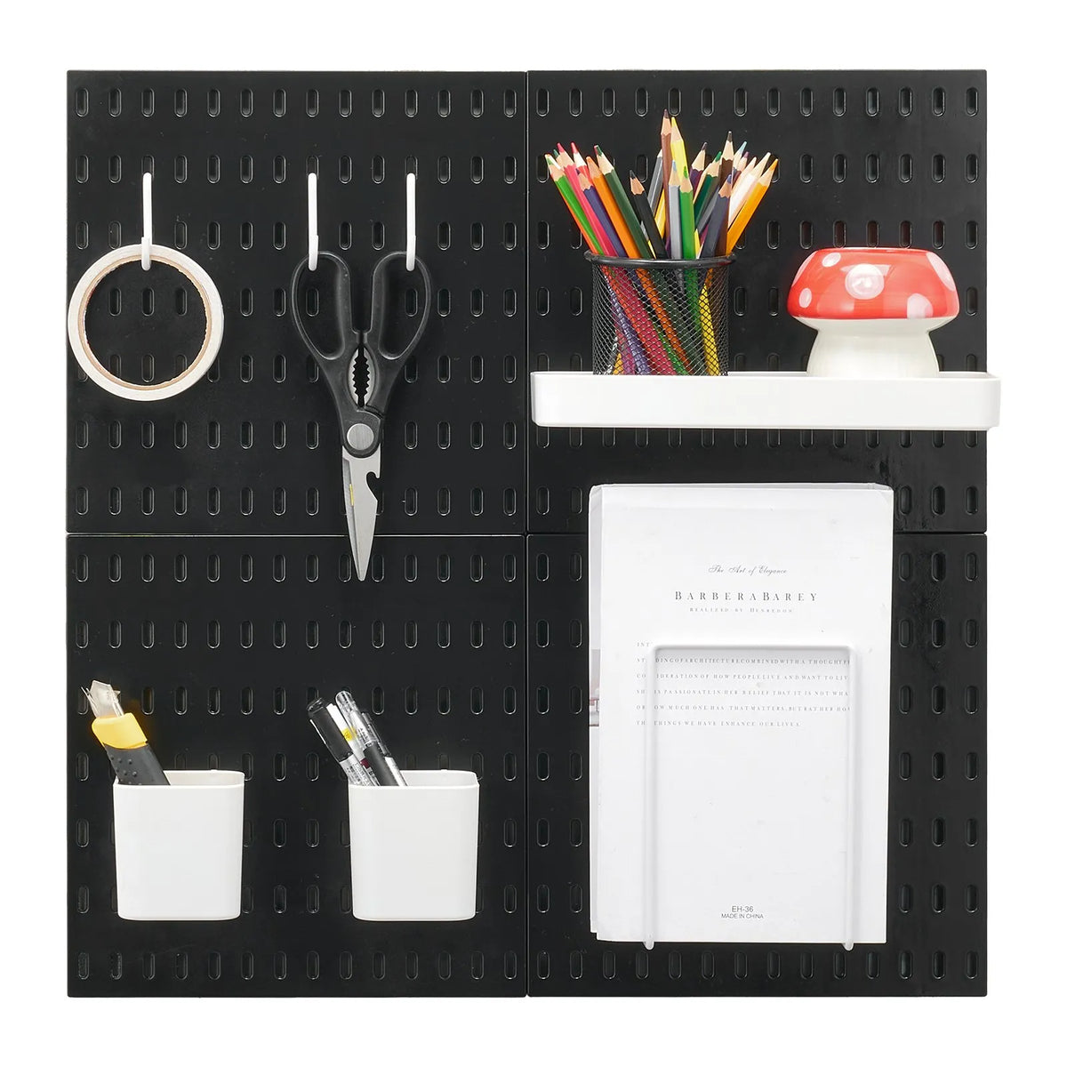 VEVOR plastmasas Pegboard sienas organizatora komplekts, 4 paneļi 280 × 280 mm, perforēto paneļu sistēma ar piederumiem instrumentu un sadzīves priekšmetu uzglabāšanai, garāžai, virtuvei, viesistabai, amatniecības telpai, birojam un vannasistabai, melna