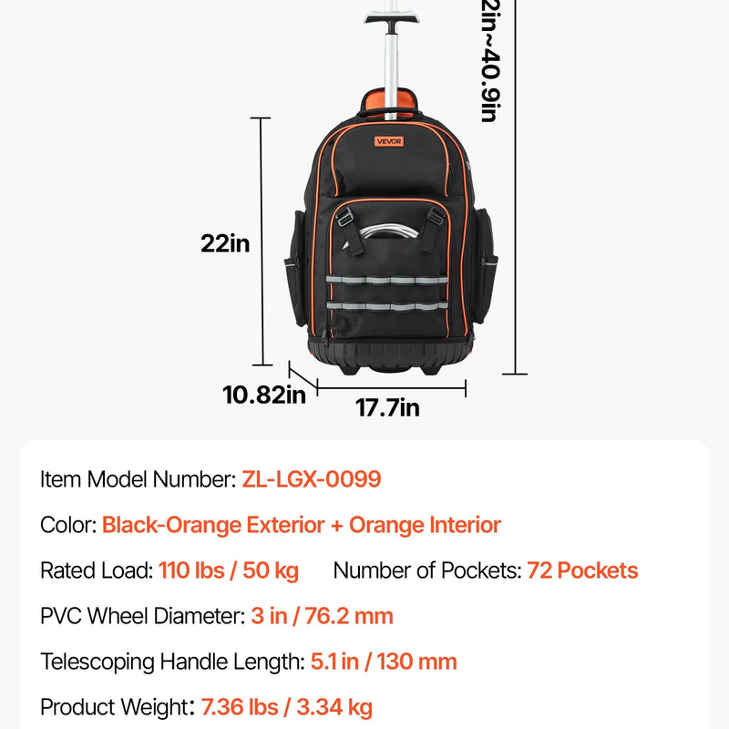VEVOR instrumentu mugursoma ar riteņiem, kravnesība līdz 50 kg, 72 kabatas, izturīga instrumentu soma uz riteņiem ar regulējamu teleskopisko rokturi un stabilu pamatni, instrumentu organizators celtniecībai un mehāniķiem - ZEMLETES.LV