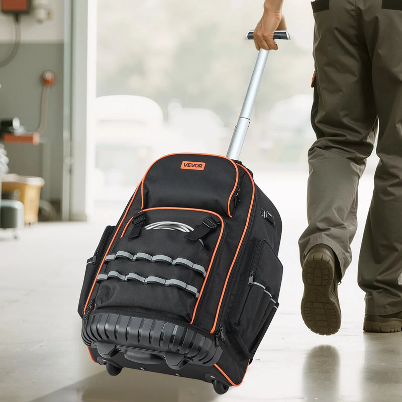 VEVOR instrumentu mugursoma ar riteņiem, kravnesība līdz 50 kg, 72 kabatas, izturīga instrumentu soma uz riteņiem ar regulējamu teleskopisko rokturi un stabilu pamatni, instrumentu organizators celtniecībai un mehāniķiem - ZEMLETES.LV