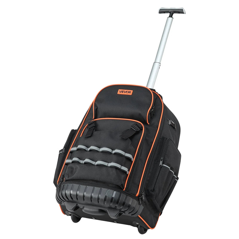 VEVOR instrumentu mugursoma ar riteņiem, kravnesība līdz 50 kg, 72 kabatas, izturīga instrumentu soma uz riteņiem ar regulējamu teleskopisko rokturi un stabilu pamatni, instrumentu organizators celtniecībai un mehāniķiem - ZEMLETES.LV
