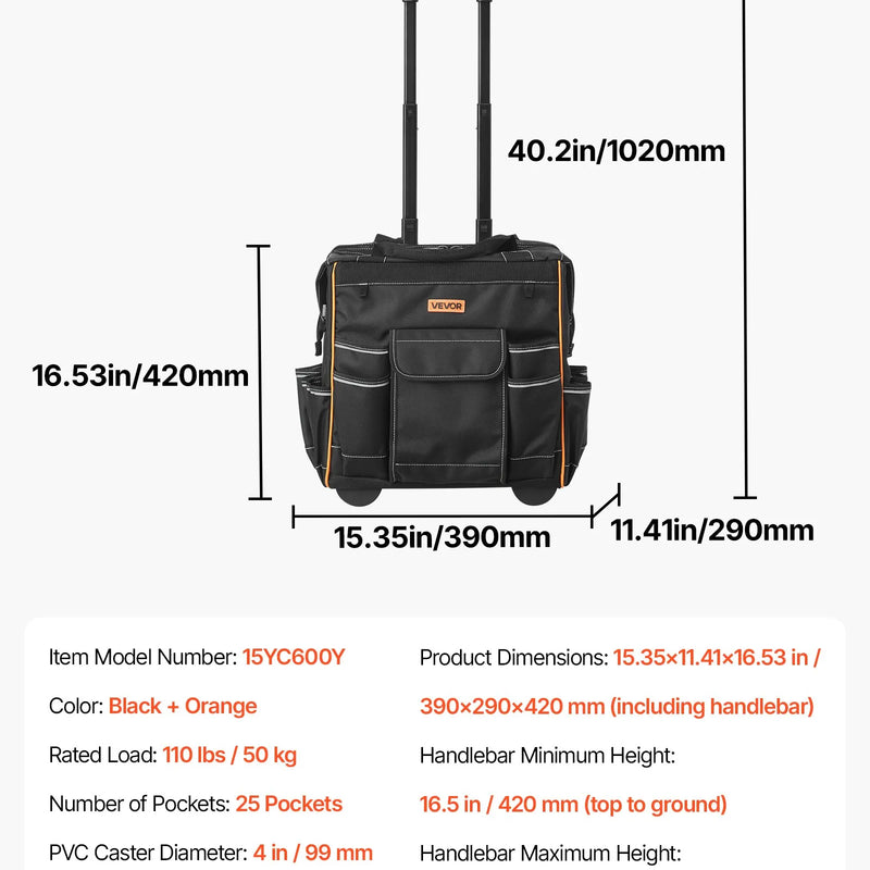 VEVOR instrumentu soma ar riteņiem, kravnesība līdz 50 kg, 25 kabatas, izturīga instrumentu soma uz riteņiem ar regulējamu teleskopisko rokturi un stabilu pamatni, instrumentu organizators celtniecībai un mehāniķiem - ZEMLETES.LV