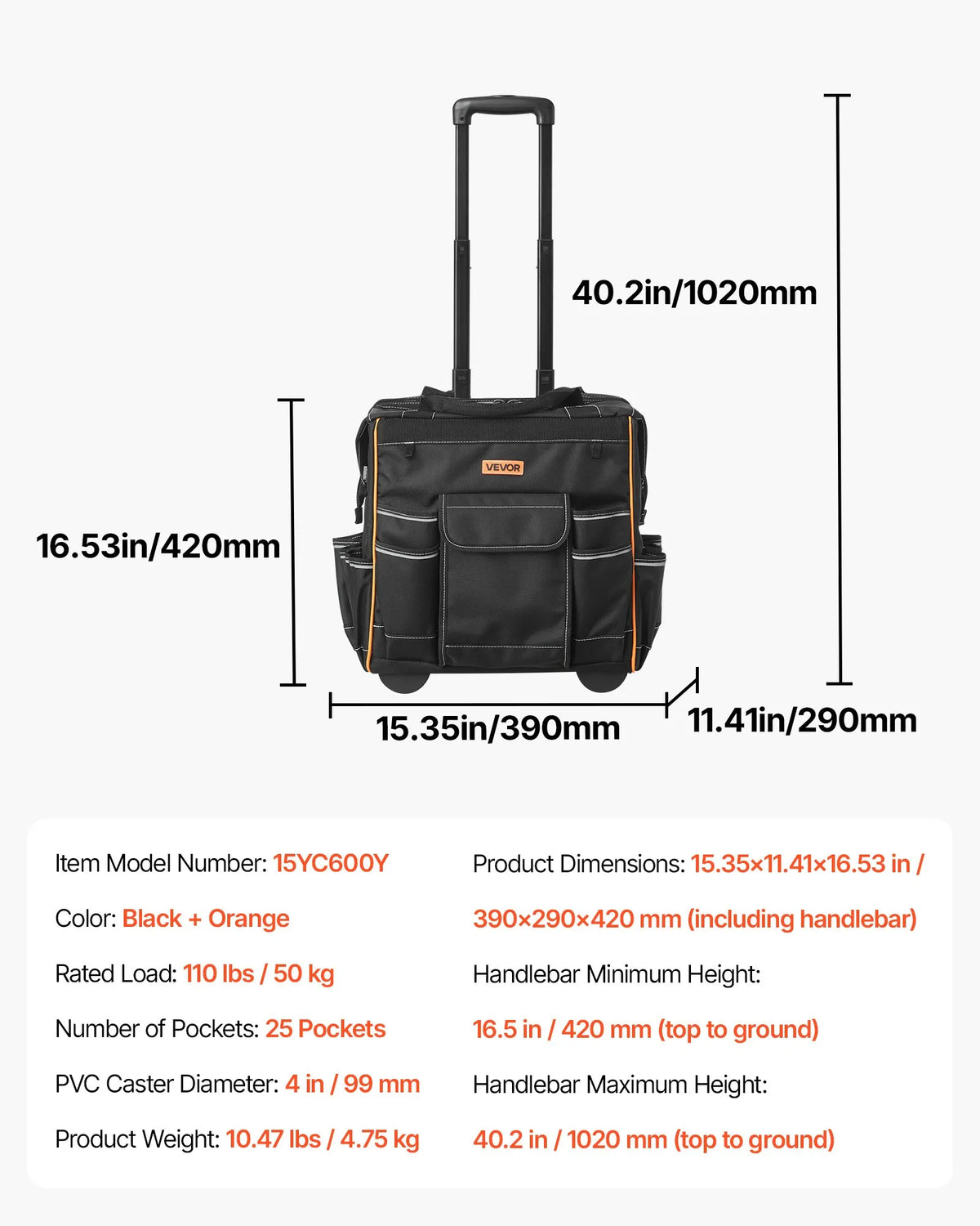 VEVOR instrumentu soma ar riteņiem, kravnesība līdz 50 kg, 25 kabatas, izturīga instrumentu soma uz riteņiem ar regulējamu teleskopisko rokturi un stabilu pamatni, instrumentu organizators celtniecībai un mehāniķiem - ZEMLETES.LV
