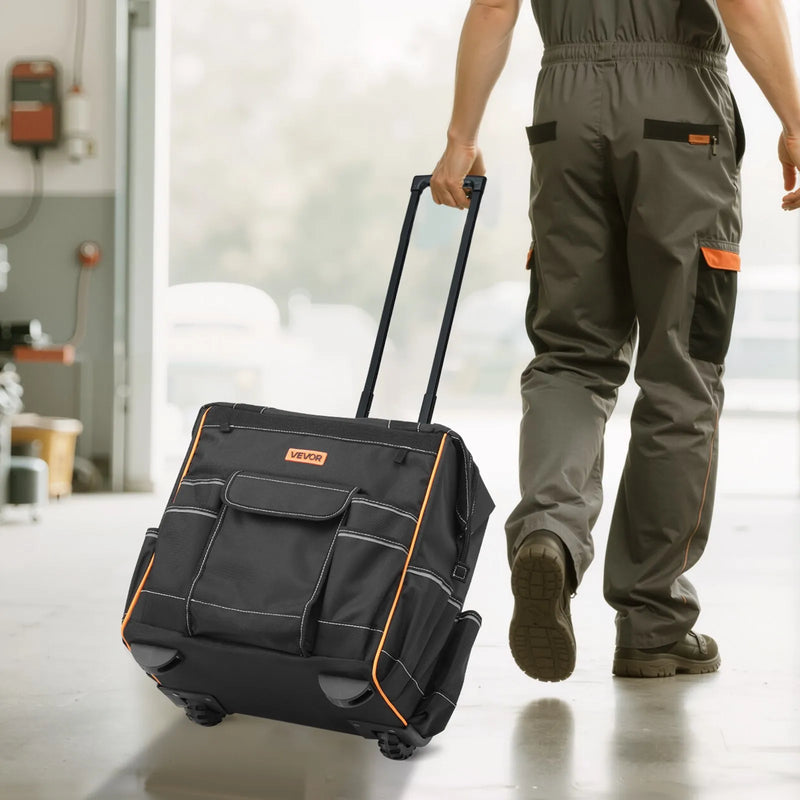 VEVOR instrumentu soma ar riteņiem, kravnesība līdz 50 kg, 25 kabatas, izturīga instrumentu soma uz riteņiem ar regulējamu teleskopisko rokturi un stabilu pamatni, instrumentu organizators celtniecībai un mehāniķiem - ZEMLETES.LV