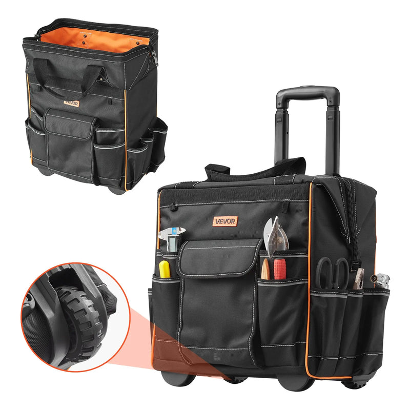 VEVOR instrumentu soma ar riteņiem, kravnesība līdz 50 kg, 25 kabatas, izturīga instrumentu soma uz riteņiem ar regulējamu teleskopisko rokturi un stabilu pamatni, instrumentu organizators celtniecībai un mehāniķiem - ZEMLETES.LV
