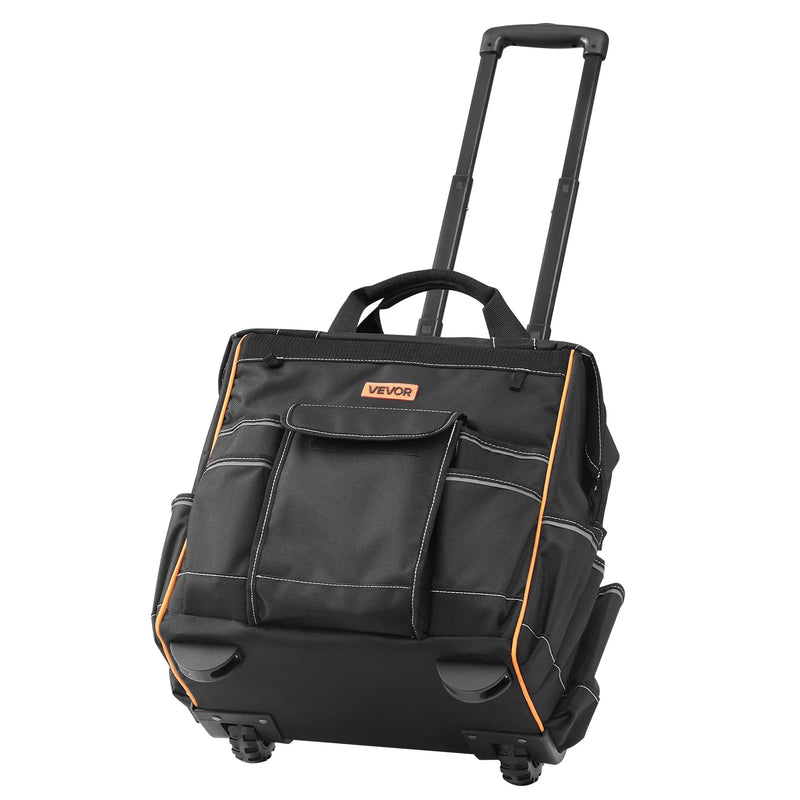 VEVOR instrumentu soma ar riteņiem, kravnesība līdz 50 kg, 25 kabatas, izturīga instrumentu soma uz riteņiem ar regulējamu teleskopisko rokturi un stabilu pamatni, instrumentu organizators celtniecībai un mehāniķiem - ZEMLETES.LV