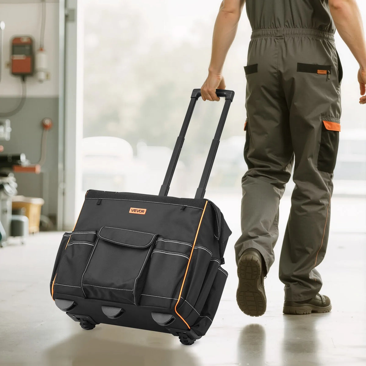 VEVOR instrumentu soma ar riteņiem, kravnesība līdz 50 kg, 25 kabatas, izturīga instrumentu soma uz riteņiem ar regulējamu teleskopisko rokturi un stabilu pamatni, instrumentu organizators elektriķiem un celtniecībai - ZEMLETES.LV