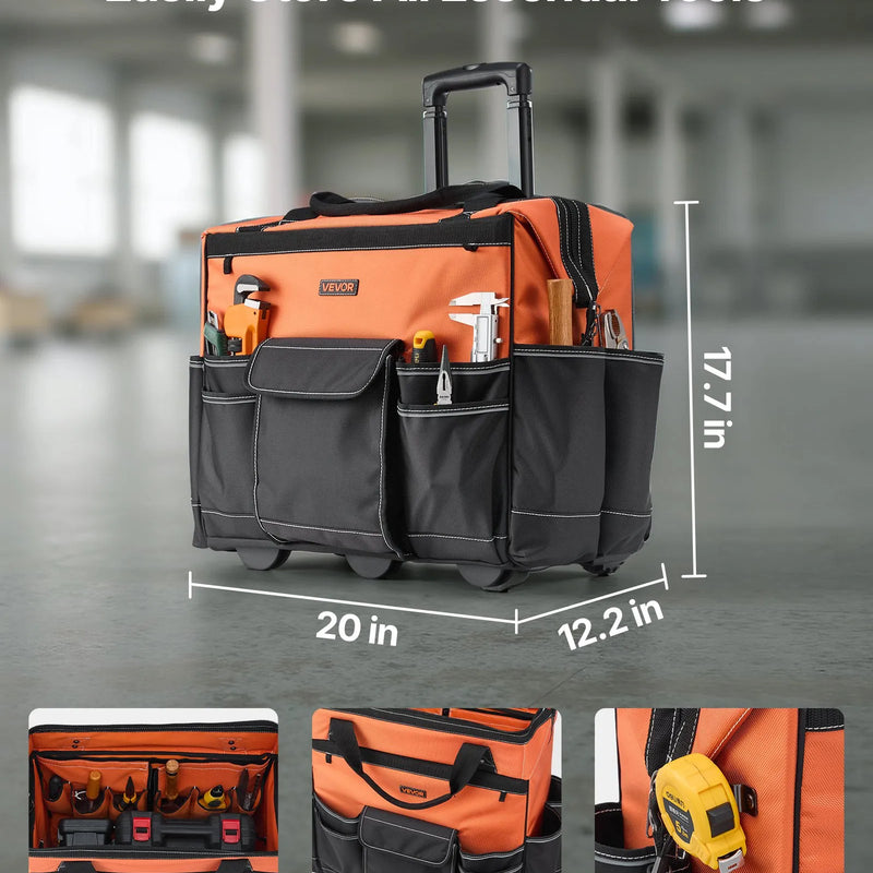VEVOR instrumentu soma ar riteņiem, kravnesība līdz 50 kg, 27 kabatas, izturīga instrumentu soma uz riteņiem ar regulējamu teleskopisko rokturi un stabilu pamatni, instrumentu organizators celtniecībai un mehāniķiem - ZEMLETES.LV