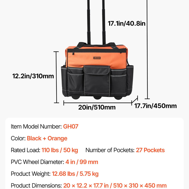 VEVOR instrumentu soma ar riteņiem, kravnesība līdz 50 kg, 27 kabatas, izturīga instrumentu soma uz riteņiem ar regulējamu teleskopisko rokturi un stabilu pamatni, instrumentu organizators celtniecībai un mehāniķiem - ZEMLETES.LV