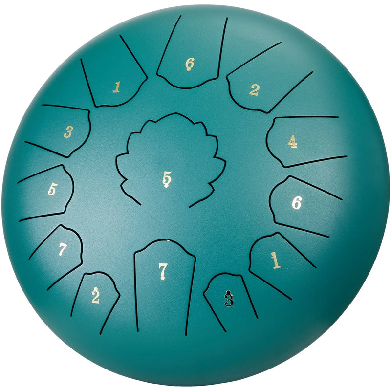 VEVOR tērauda mēles bungas, 12" ar 13 notīm, C mažors, piemērotas dārzam un āra lietošanai, komplektā 2 vālītes un pārnēsāšanas soma, rokas perkusiju instruments meditācijai, muzikālajai izglītībai un jogai, zaļā krāsā.