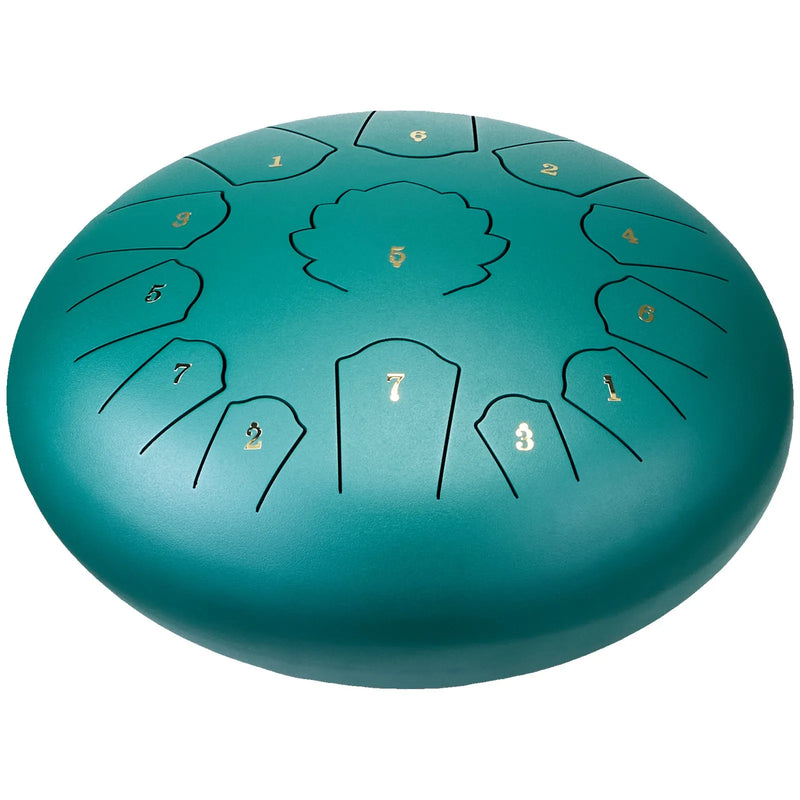 VEVOR tērauda mēles bungas, 12" ar 13 notīm, C mažors, piemērotas dārzam un āra lietošanai, komplektā 2 vālītes un pārnēsāšanas soma, rokas perkusiju instruments meditācijai, muzikālajai izglītībai un jogai, zaļā krāsā.