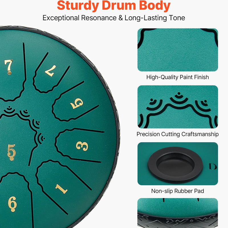 VEVOR Tērauda mēles bungas 16,5 cm ar 11 notīm D mažorā, lietus bungas dārzam ar notīm un vālītēm, zaļas