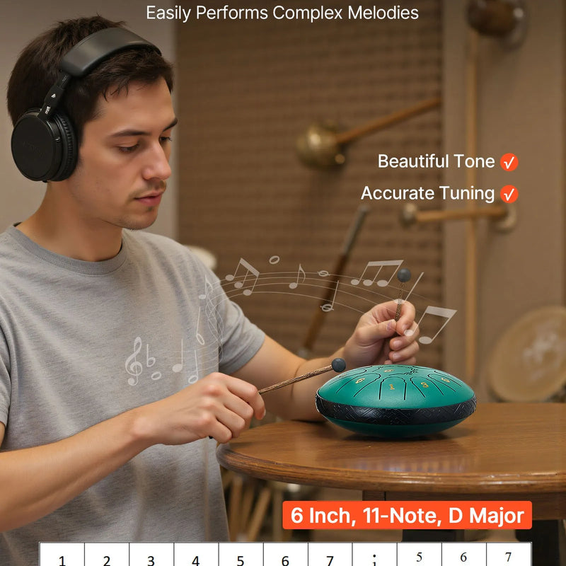 VEVOR Tērauda mēles bungas 16,5 cm ar 11 notīm D mažorā, lietus bungas dārzam ar notīm un vālītēm, zaļas