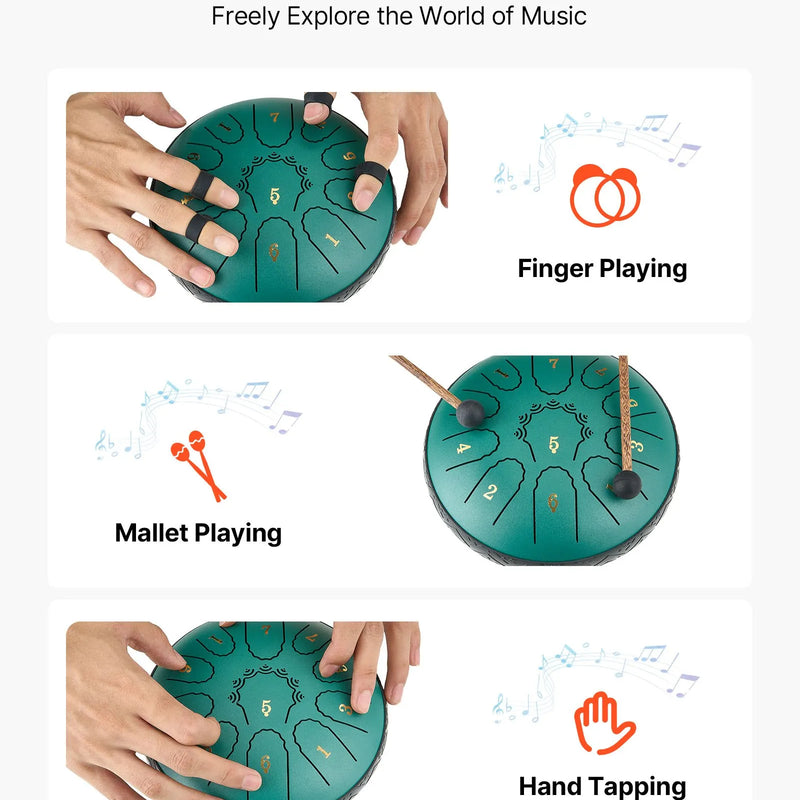 VEVOR Tērauda mēles bungas 16,5 cm ar 11 notīm D mažorā, lietus bungas dārzam ar notīm un vālītēm, zaļas