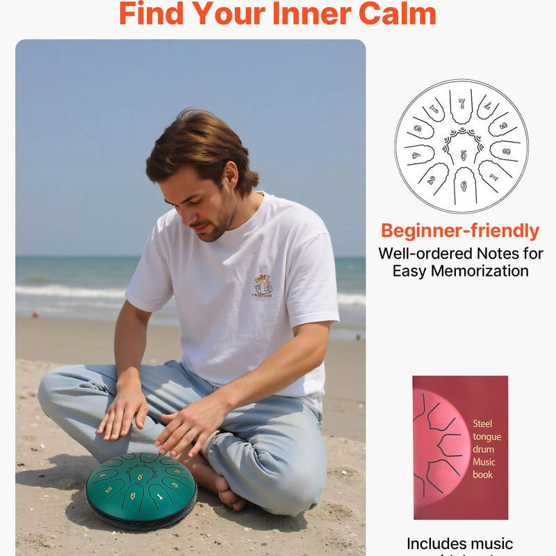 VEVOR Tērauda mēles bungas 16,5 cm ar 11 notīm D mažorā, lietus bungas dārzam ar notīm un vālītēm, zaļas