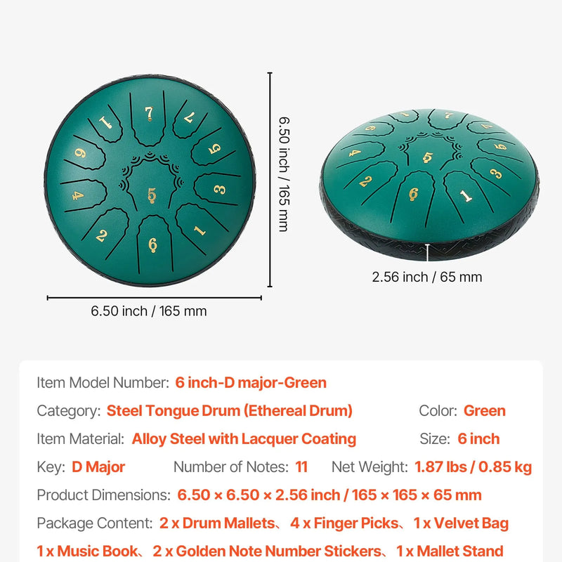 VEVOR Tērauda mēles bungas 16,5 cm ar 11 notīm D mažorā, lietus bungas dārzam ar notīm un vālītēm, zaļas