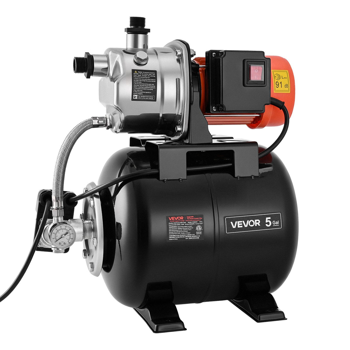 VEVOR 1 ZS seklās akas ūdens sūknis ar 19 l spiediena tvertni, 3750 l/h, 230 V, automātisks