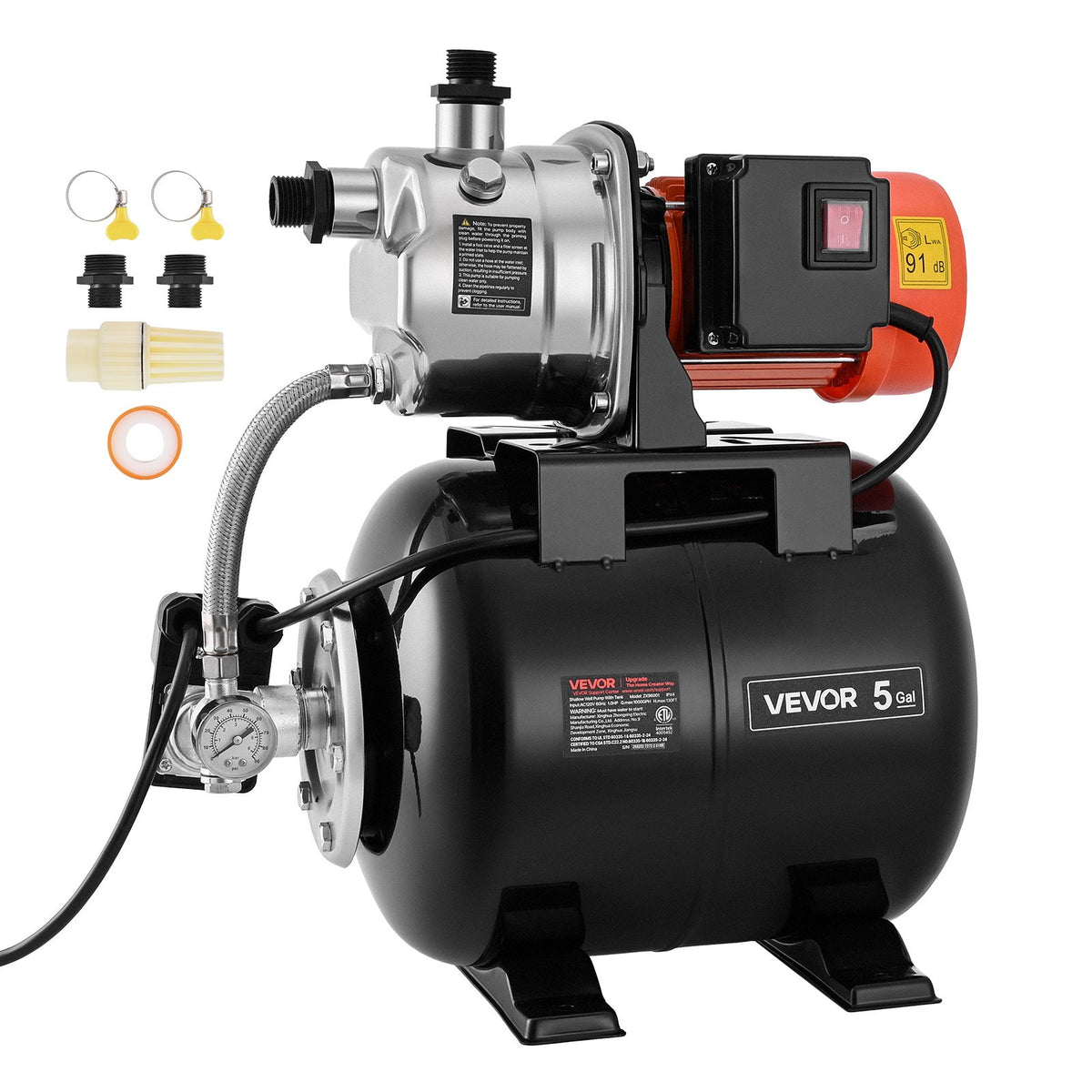 VEVOR 1 ZS seklās akas ūdens sūknis ar 19 l spiediena tvertni, 3750 l/h, 230 V, automātisks