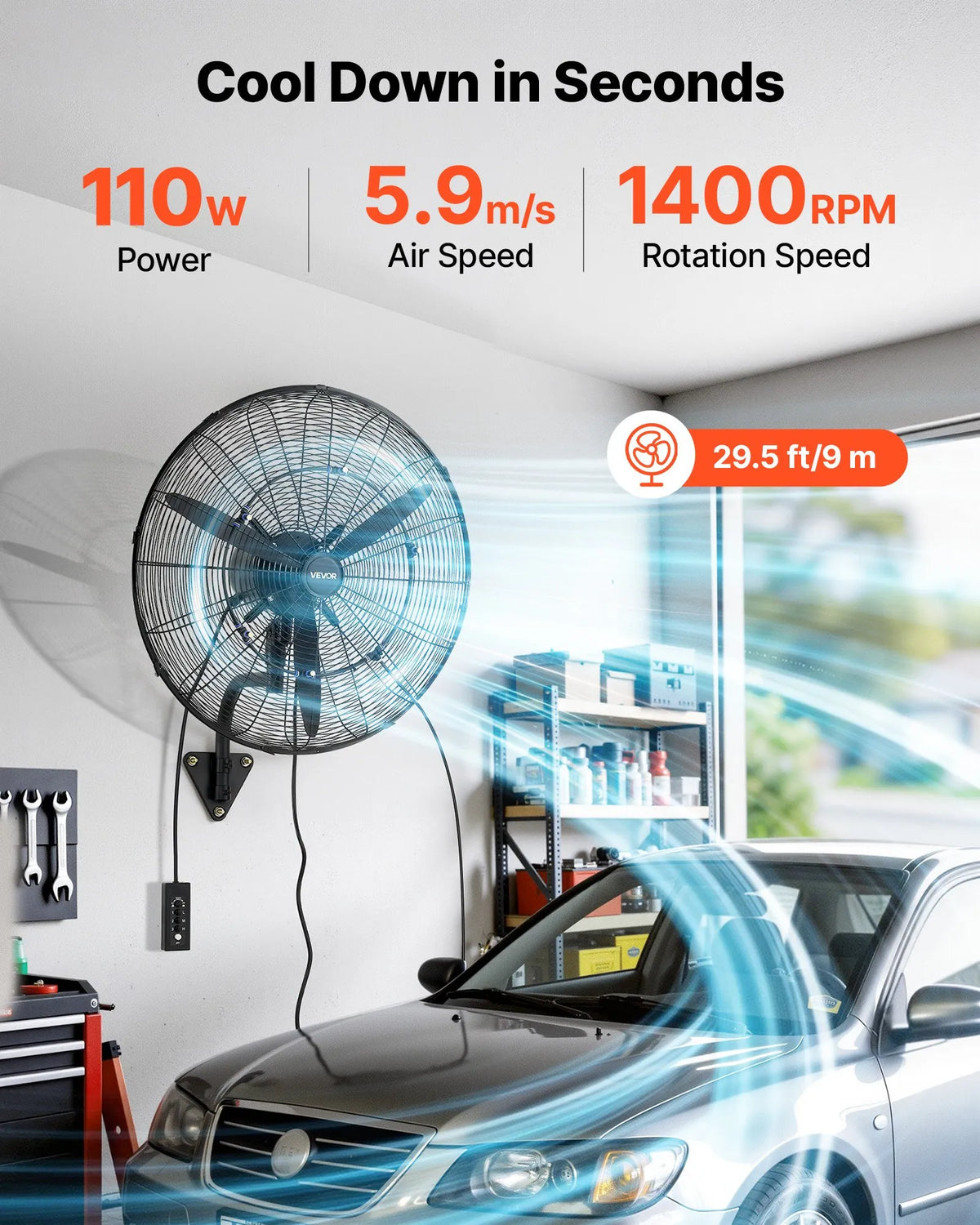 VEVOR Wall Fan 610 mm, Wall-Mounted Oscillating Fan with Misting Function, IP44 Waterproof Rating, 3 Speed Settings, Powerful Airflow, Mechanical Control, for Industrial, Commercial, Garage and Workshop Use