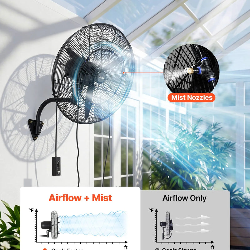 VEVOR sienas ventilators 610 mm, pie sienas pakarināms ventilators ar oscilāciju, miglošanas funkciju, IP44 aizsardzības klase, 3 ātrumi, jaudīga gaisa plūsma, mehāniska vadība, paredzēts rūpnieciskai, komerciālai lietošanai, garāžām un darbnīcām