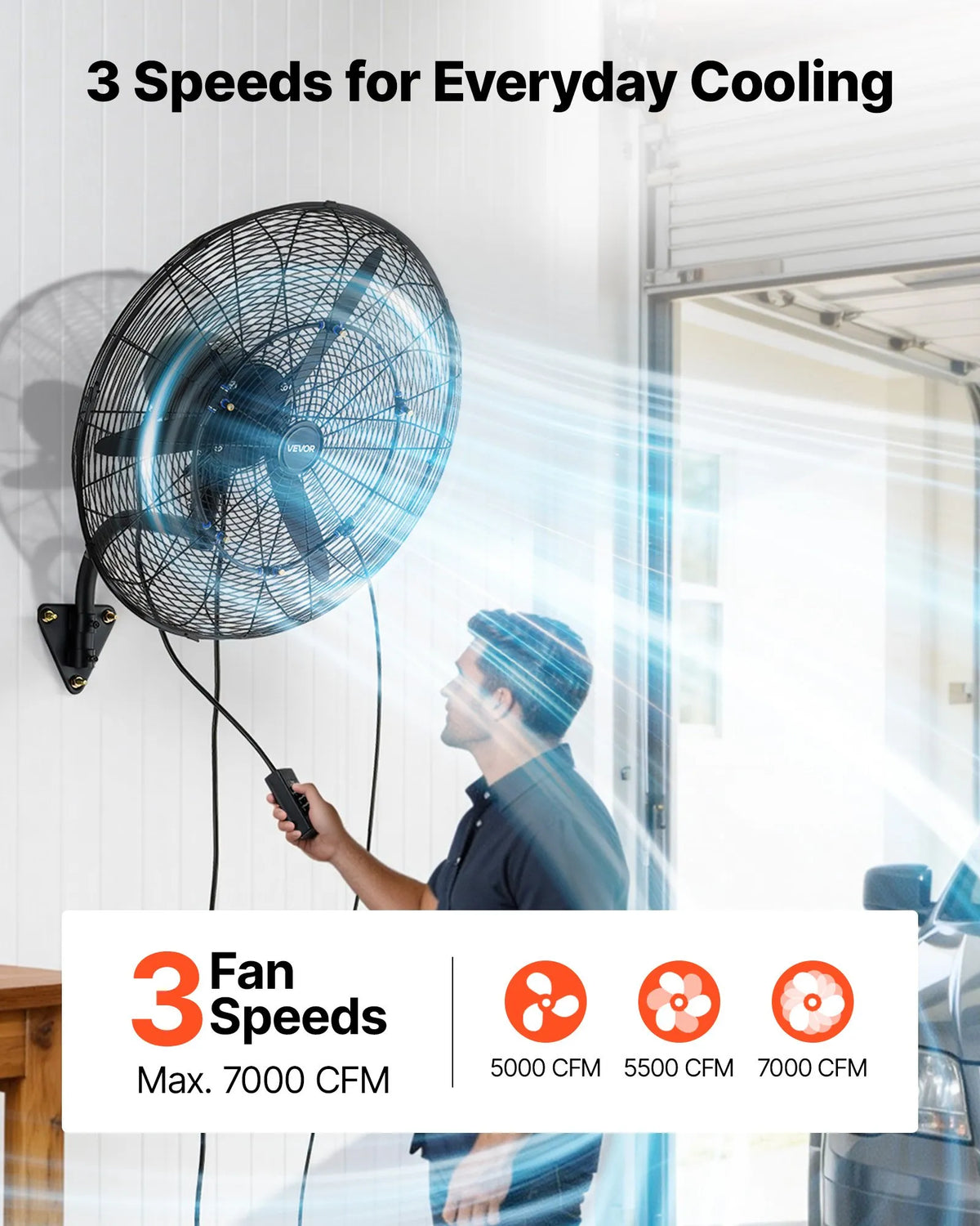 VEVOR Wall Fan 610 mm, Wall-Mounted Oscillating Fan with Misting Function, IP44 Waterproof Rating, 3 Speed Settings, Powerful Airflow, Mechanical Control, for Industrial, Commercial, Garage and Workshop Use