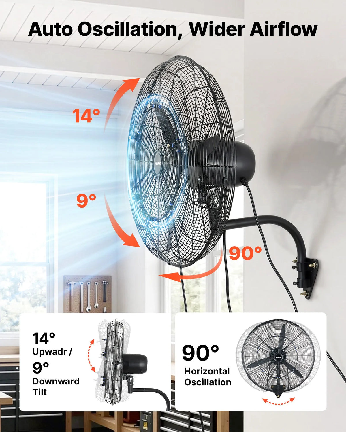 VEVOR Wall Fan 610 mm, Wall-Mounted Oscillating Fan with Misting Function, IP44 Waterproof Rating, 3 Speed Settings, Powerful Airflow, Mechanical Control, for Industrial, Commercial, Garage and Workshop Use