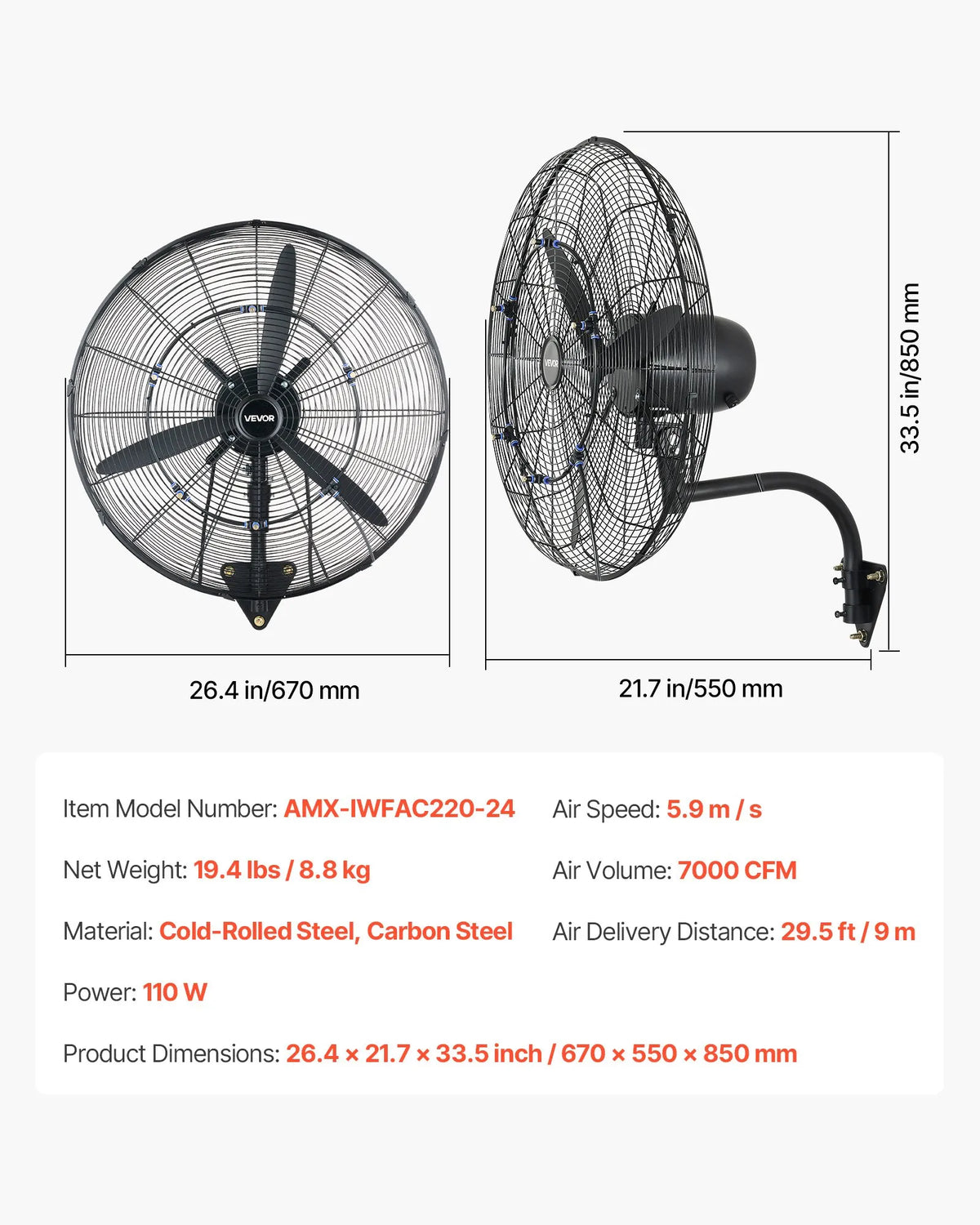 VEVOR Wall Fan 610 mm, Wall-Mounted Oscillating Fan with Misting Function, IP44 Waterproof Rating, 3 Speed Settings, Powerful Airflow, Mechanical Control, for Industrial, Commercial, Garage and Workshop Use