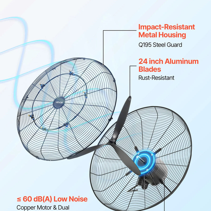 VEVOR sienas ventilators 610 mm, pie sienas pakarināms ventilators ar oscilāciju, miglošanas funkciju, IP44 aizsardzības klase, 3 ātrumi, jaudīga gaisa plūsma, mehāniska vadība, paredzēts rūpnieciskai, komerciālai lietošanai, garāžām un darbnīcām