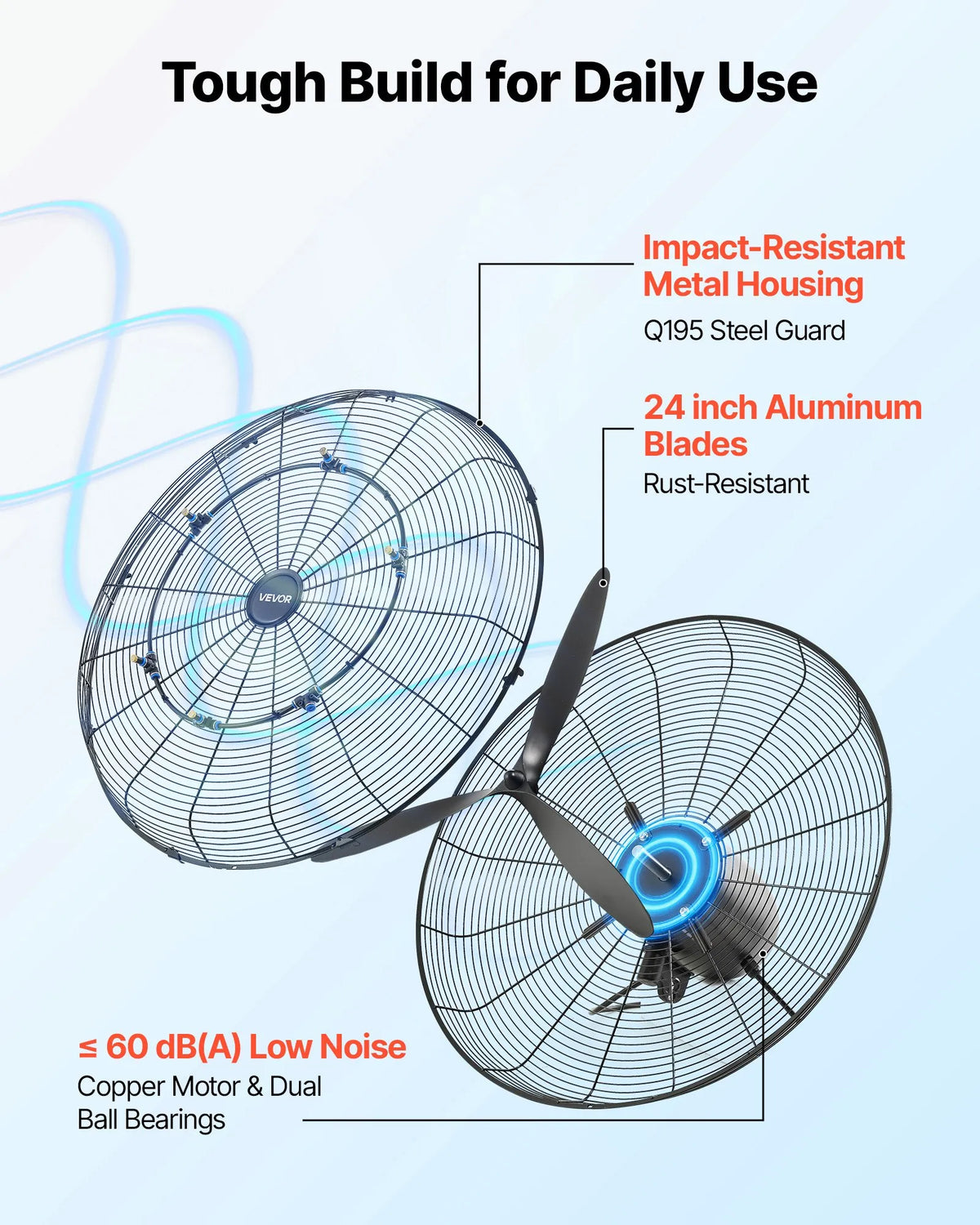 VEVOR Wall Fan 610 mm, Wall-Mounted Oscillating Fan with Misting Function, IP44 Waterproof Rating, 3 Speed Settings, Powerful Airflow, Mechanical Control, for Industrial, Commercial, Garage and Workshop Use