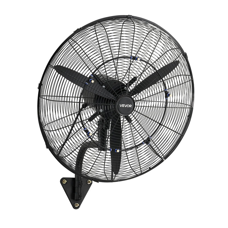 VEVOR sienas ventilators 610 mm, pie sienas pakarināms ventilators ar oscilāciju, miglošanas funkciju, IP44 aizsardzības klase, 3 ātrumi, jaudīga gaisa plūsma, mehāniska vadība, paredzēts rūpnieciskai, komerciālai lietošanai, garāžām un darbnīcām