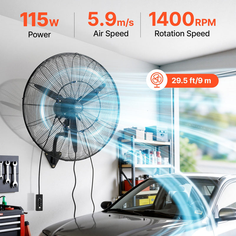 VEVOR sienas ventilators 760 mm, pie sienas stiprināms pakarināms ventilators ar oscilāciju un miglošanu, IP44 aizsardzības klase, 3 ātrumi, jaudīga gaisa plūsma, mehāniska vadība, liels gaisa plūsmas attālums, garāžai, darbnīcai un sporta zālei