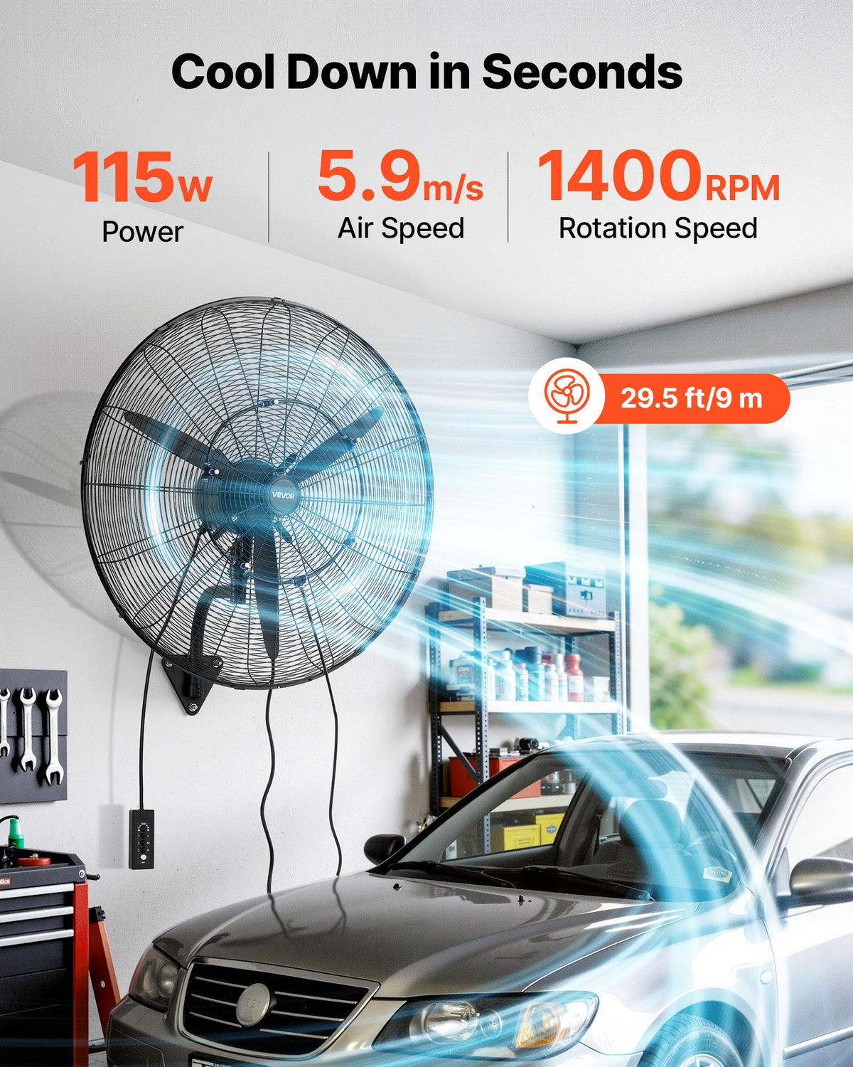 VEVOR Wall Fan 760 mm, Wall-Mounted Hanging Fan with Oscillation and Misting, IP44 Protection, 3 Speeds, Powerful Airflow, Mechanical Control, Long Air Throw Distance, for Garage, Workshop and Gym