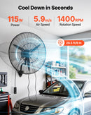 VEVOR sienas ventilators 760 mm, pie sienas stiprināms pakarināms ventilators ar oscilāciju un miglošanu, IP44 aizsardzības klase, 3 ātrumi, jaudīga gaisa plūsma, mehāniska vadība, liels gaisa plūsmas attālums, garāžai, darbnīcai un sporta zālei