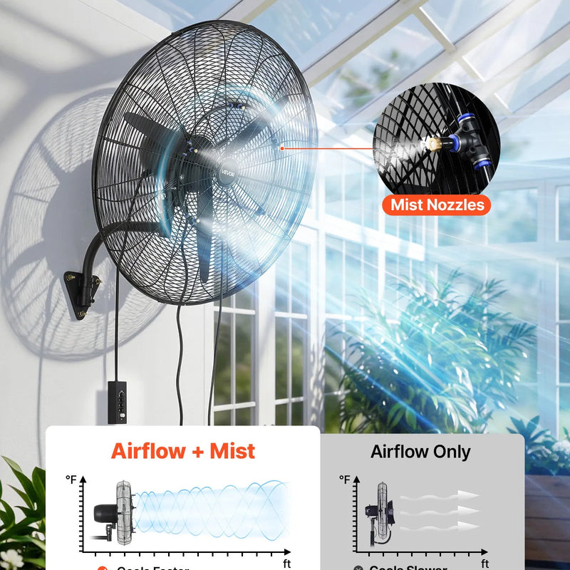 VEVOR sienas ventilators 760 mm, pie sienas stiprināms pakarināms ventilators ar oscilāciju un miglošanu, IP44 aizsardzības klase, 3 ātrumi, jaudīga gaisa plūsma, mehāniska vadība, liels gaisa plūsmas attālums, garāžai, darbnīcai un sporta zālei