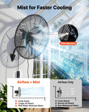VEVOR sienas ventilators 760 mm, pie sienas stiprināms pakarināms ventilators ar oscilāciju un miglošanu, IP44 aizsardzības klase, 3 ātrumi, jaudīga gaisa plūsma, mehāniska vadība, liels gaisa plūsmas attālums, garāžai, darbnīcai un sporta zālei