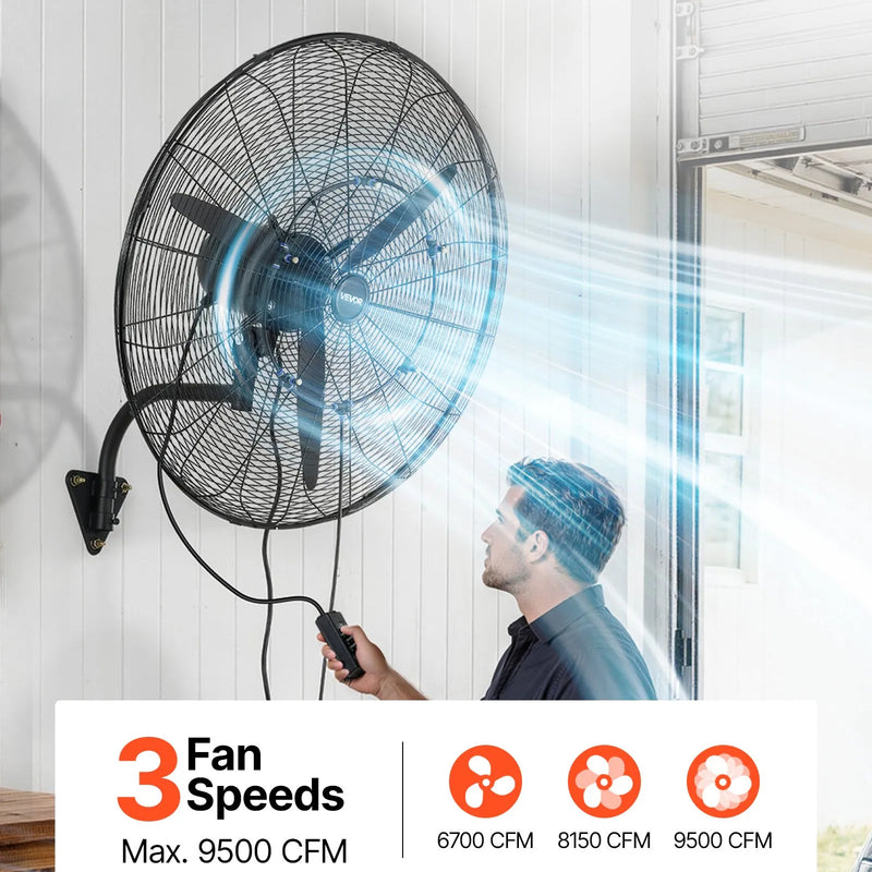 VEVOR sienas ventilators 760 mm, pie sienas stiprināms pakarināms ventilators ar oscilāciju un miglošanu, IP44 aizsardzības klase, 3 ātrumi, jaudīga gaisa plūsma, mehāniska vadība, liels gaisa plūsmas attālums, garāžai, darbnīcai un sporta zālei