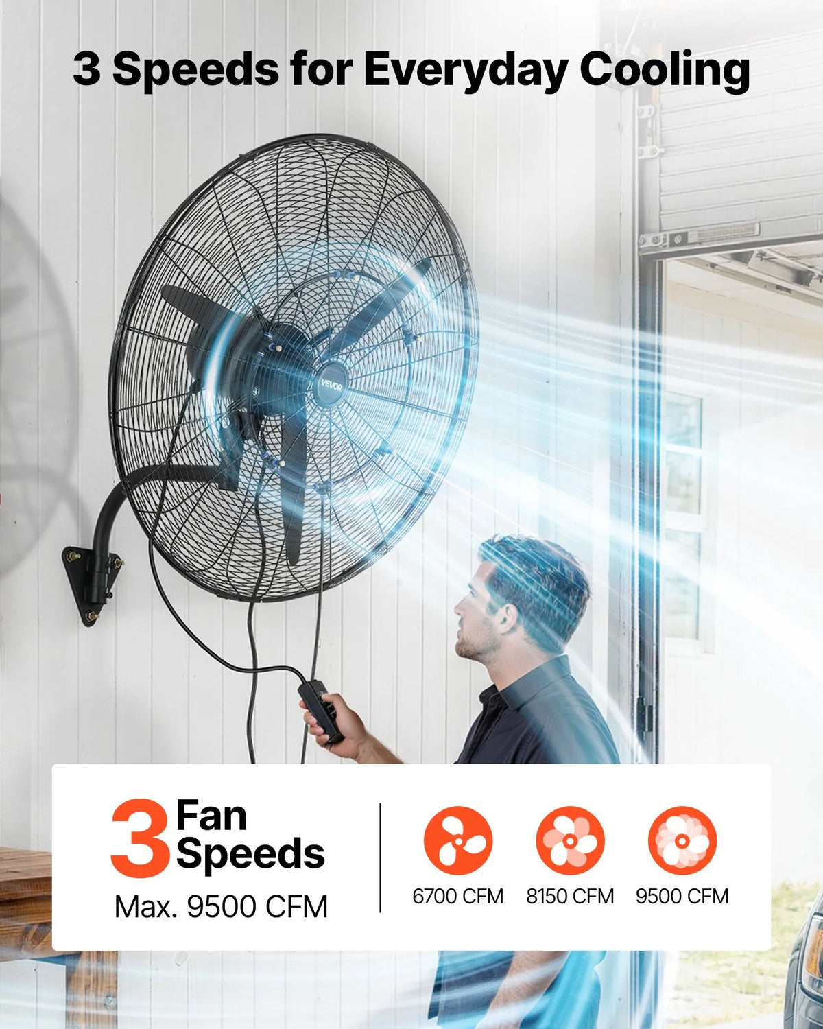 VEVOR Wall Fan 760 mm, Wall-Mounted Hanging Fan with Oscillation and Misting, IP44 Protection, 3 Speeds, Powerful Airflow, Mechanical Control, Long Air Throw Distance, for Garage, Workshop and Gym