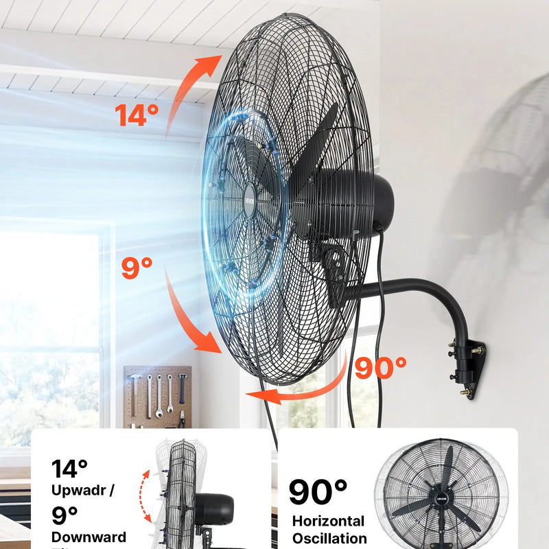 VEVOR sienas ventilators 760 mm, pie sienas stiprināms pakarināms ventilators ar oscilāciju un miglošanu, IP44 aizsardzības klase, 3 ātrumi, jaudīga gaisa plūsma, mehāniska vadība, liels gaisa plūsmas attālums, garāžai, darbnīcai un sporta zālei