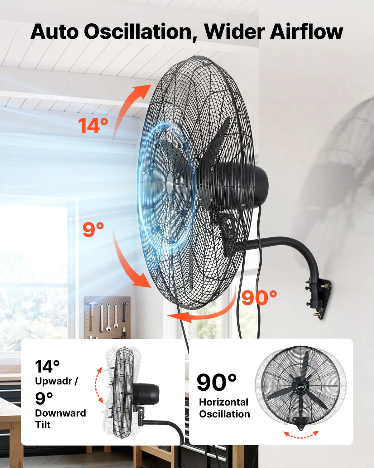 VEVOR Wall Fan 760 mm, Wall-Mounted Hanging Fan with Oscillation and Misting, IP44 Protection, 3 Speeds, Powerful Airflow, Mechanical Control, Long Air Throw Distance, for Garage, Workshop and Gym
