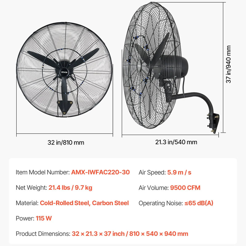 VEVOR sienas ventilators 760 mm, pie sienas stiprināms pakarināms ventilators ar oscilāciju un miglošanu, IP44 aizsardzības klase, 3 ātrumi, jaudīga gaisa plūsma, mehāniska vadība, liels gaisa plūsmas attālums, garāžai, darbnīcai un sporta zālei