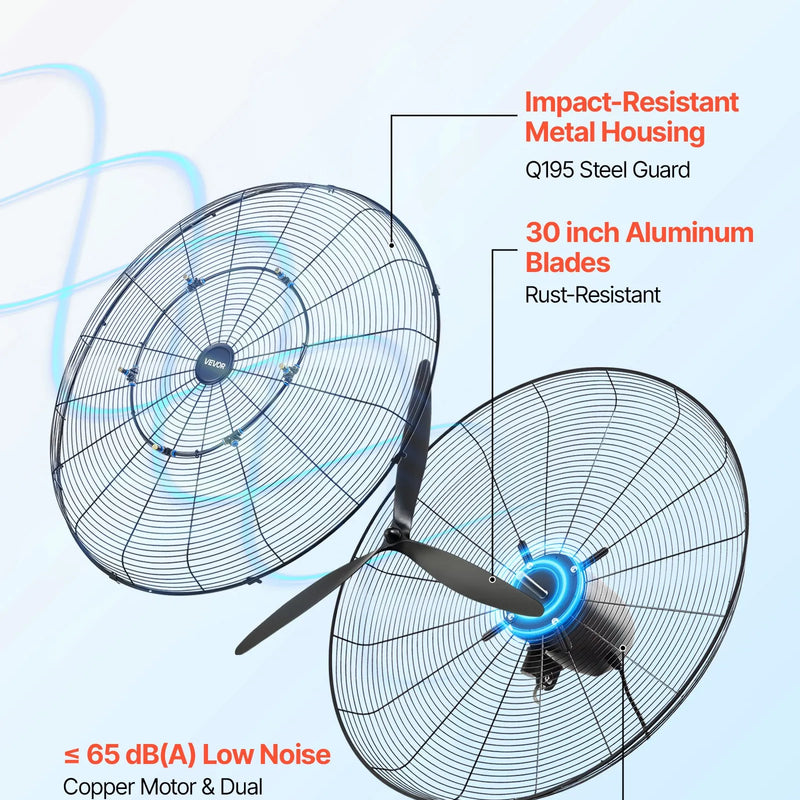 VEVOR sienas ventilators 760 mm, pie sienas stiprināms pakarināms ventilators ar oscilāciju un miglošanu, IP44 aizsardzības klase, 3 ātrumi, jaudīga gaisa plūsma, mehāniska vadība, liels gaisa plūsmas attālums, garāžai, darbnīcai un sporta zālei