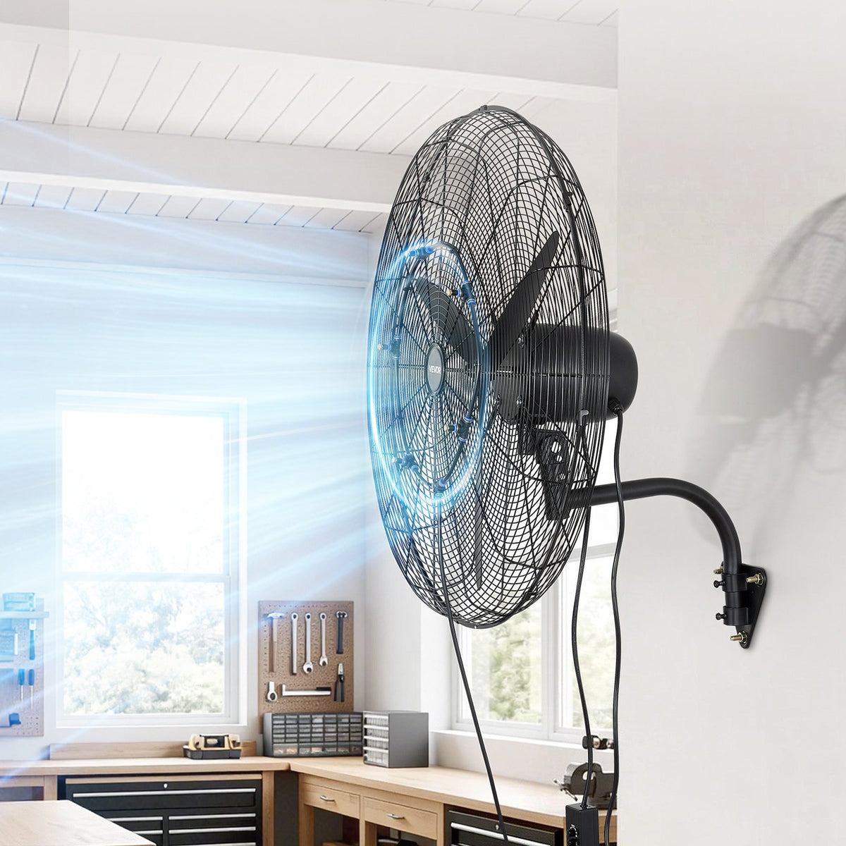 VEVOR Wall Fan 760 mm, Wall-Mounted Hanging Fan with Oscillation and Misting, IP44 Protection, 3 Speeds, Powerful Airflow, Mechanical Control, Long Air Throw Distance, for Garage, Workshop and Gym