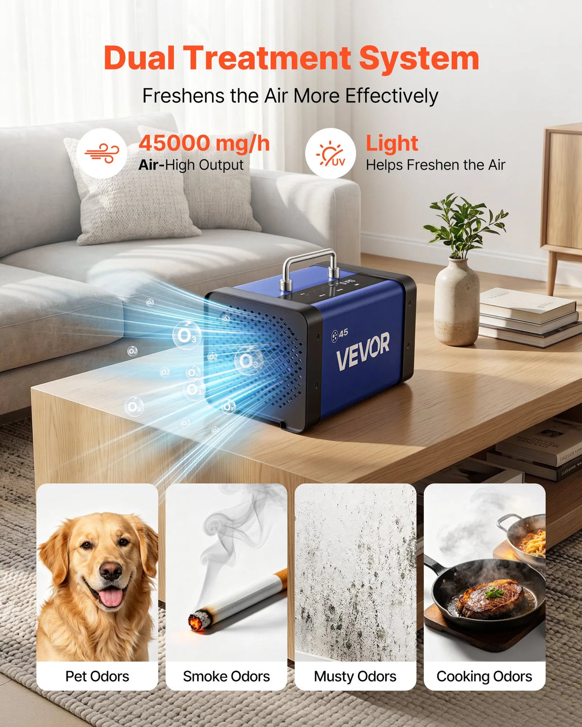 VEVOR Ozone Generator 45,000 mg/h, Commercial Ozone Machine with 15s Delayed Start, Dual Outlet Water Mode and LCD Touch Screen, Industrial Odour Neutraliser for Cars, Smoke and Home, up to 350 m²