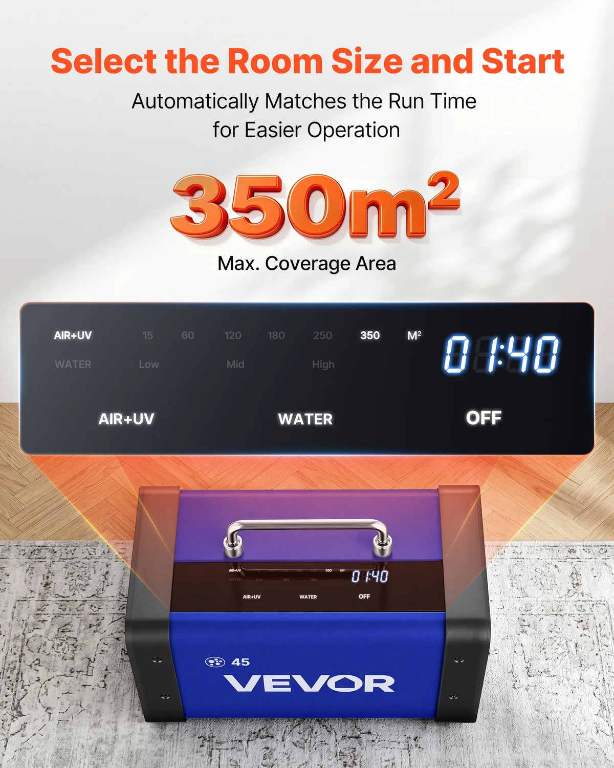 VEVOR Ozone Generator 45,000 mg/h, Commercial Ozone Machine with 15s Delayed Start, Dual Outlet Water Mode and LCD Touch Screen, Industrial Odour Neutraliser for Cars, Smoke and Home, up to 350 m²