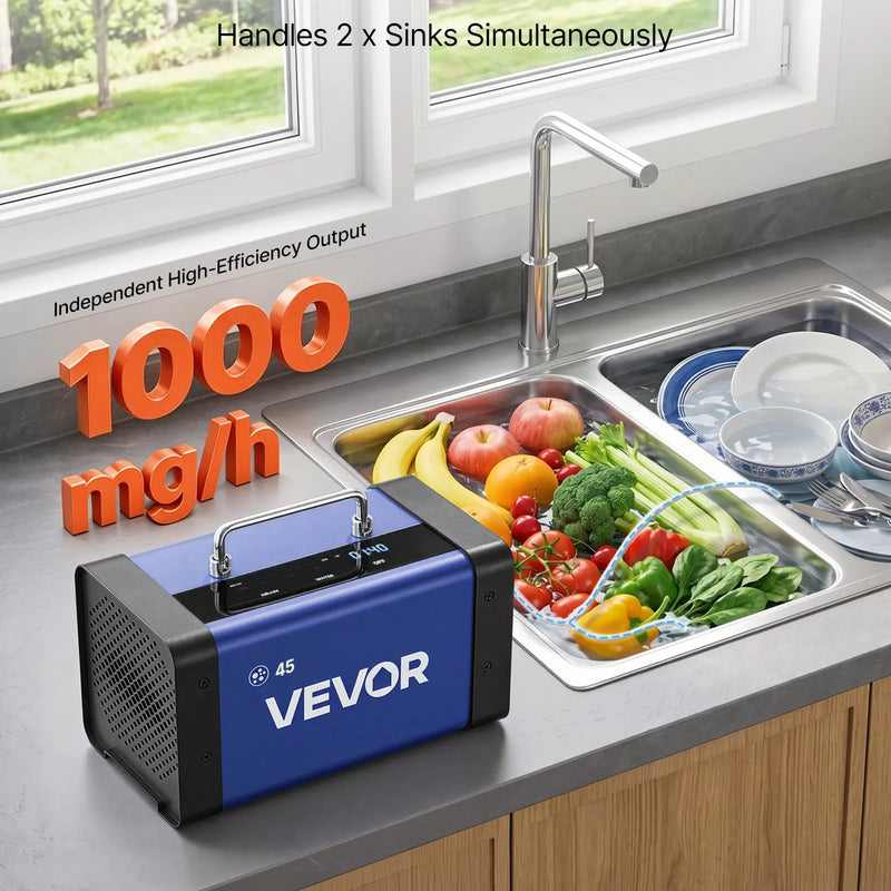 VEVOR ozona ģenerators 45 000 mg/h, komerciāla ozona iekārta ar 15 s aizkavētu palaišanu, divu šļūteņu ūdens režīmu un LCD skārienekrānu, industriāls smaku neitralizators automašīnām, dūmiem un mājoklim, līdz 350 m²