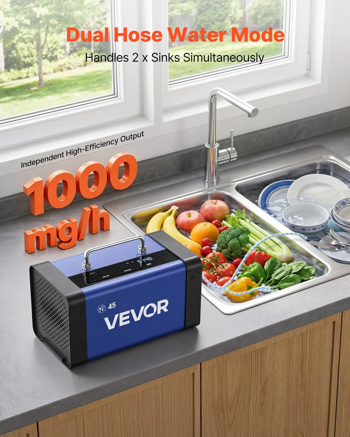 VEVOR Ozone Generator 45,000 mg/h, Commercial Ozone Machine with 15s Delayed Start, Dual Outlet Water Mode and LCD Touch Screen, Industrial Odour Neutraliser for Cars, Smoke and Home, up to 350 m²