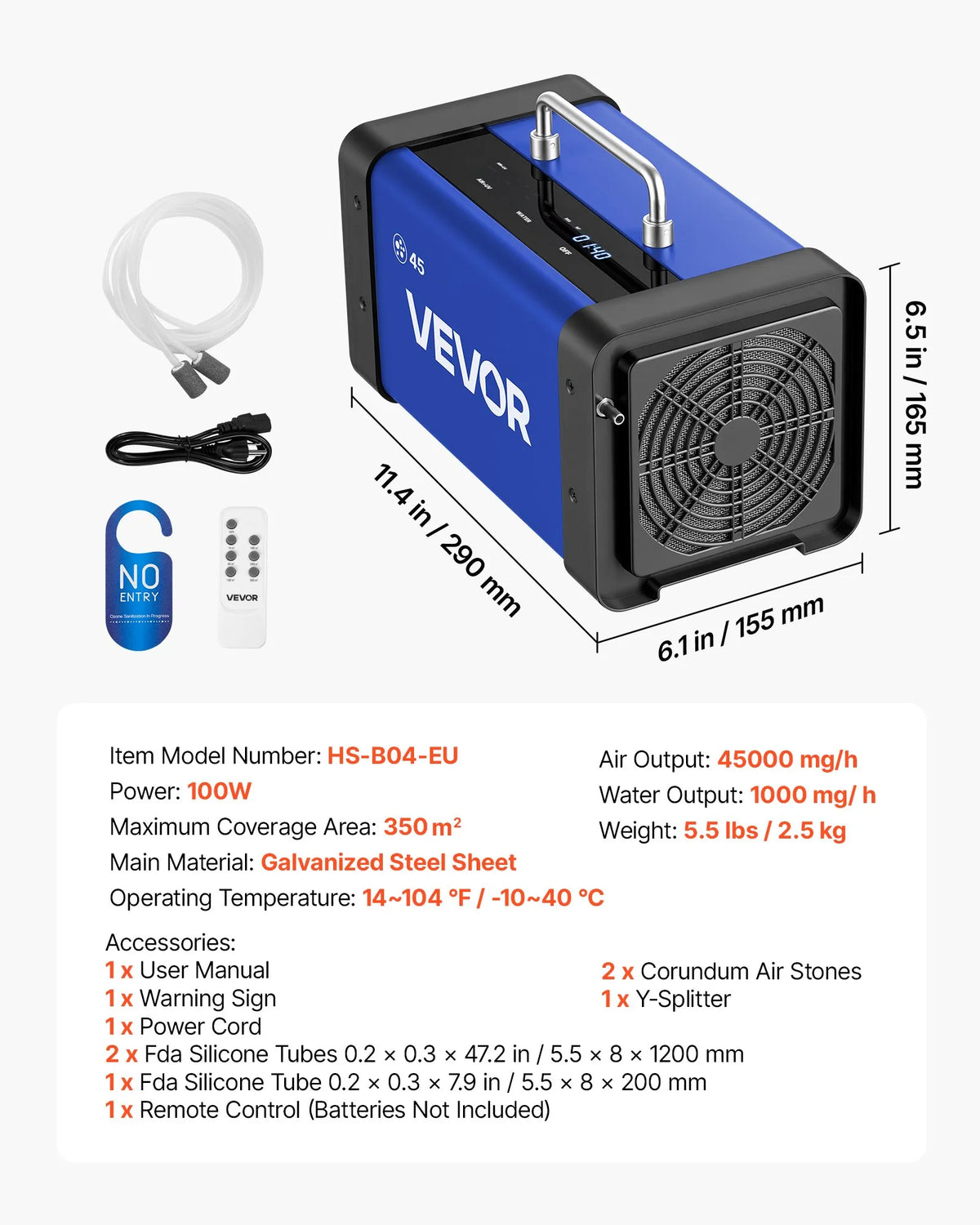 VEVOR Ozone Generator 45,000 mg/h, Commercial Ozone Machine with 15s Delayed Start, Dual Outlet Water Mode and LCD Touch Screen, Industrial Odour Neutraliser for Cars, Smoke and Home, up to 350 m²