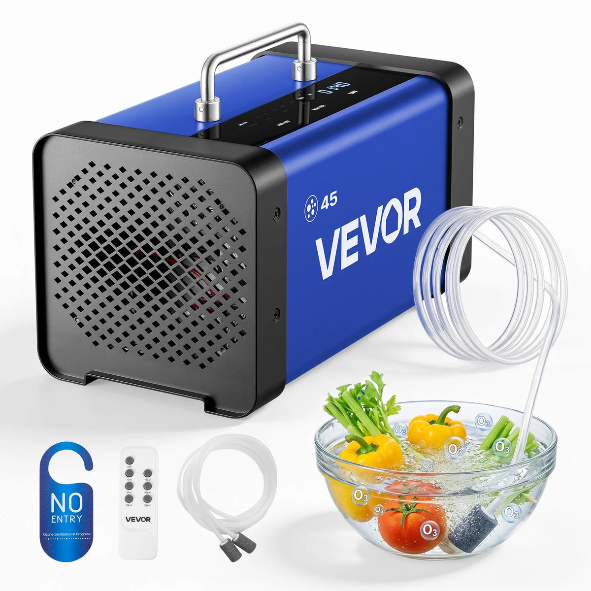 VEVOR Ozone Generator 45,000 mg/h, Commercial Ozone Machine with 15s Delayed Start, Dual Outlet Water Mode and LCD Touch Screen, Industrial Odour Neutraliser for Cars, Smoke and Home, up to 350 m²