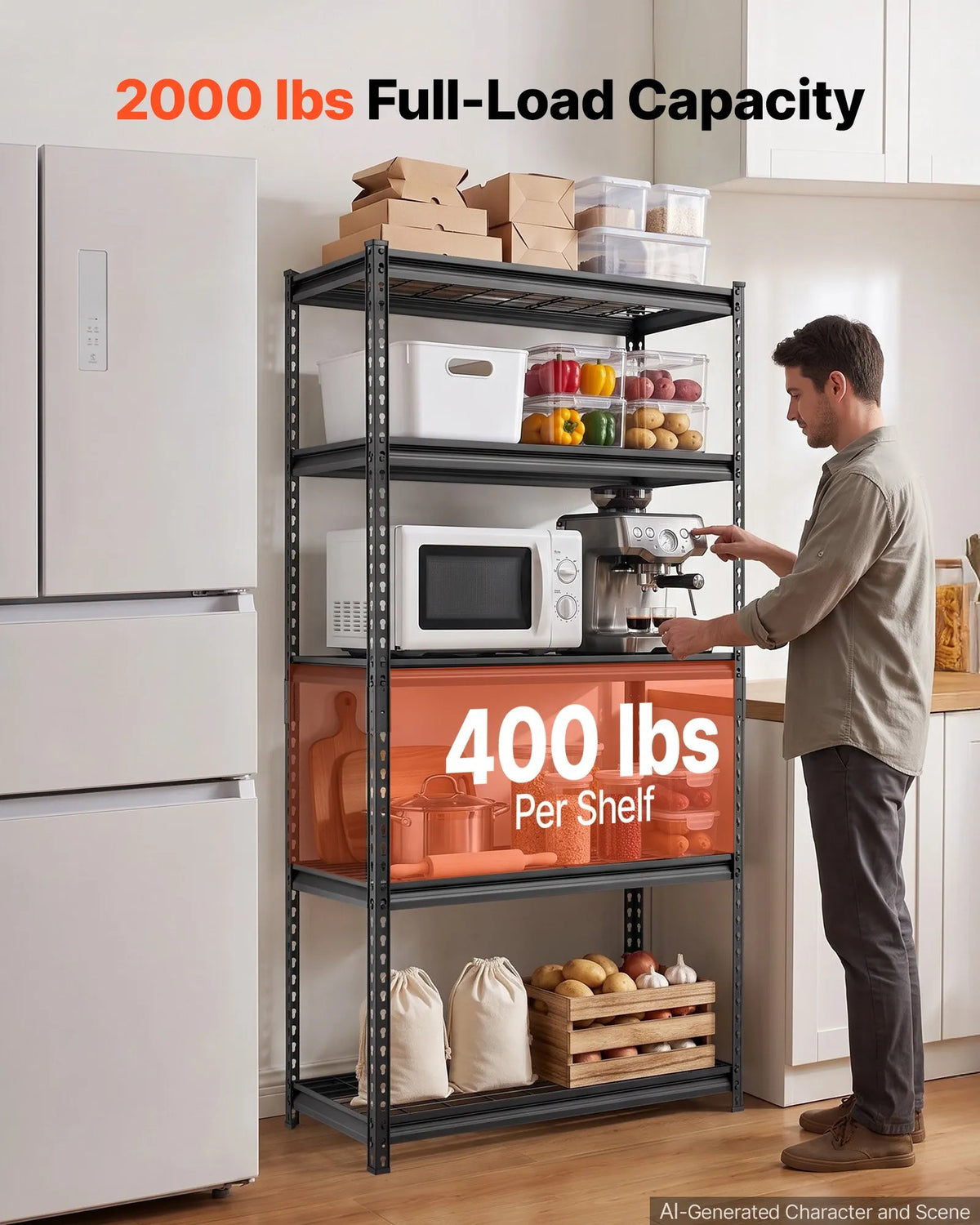 VEVOR 5 līmeņu metāla uzglabāšanas plaukts 907,2 kg ar regulējamiem režģa plauktiem