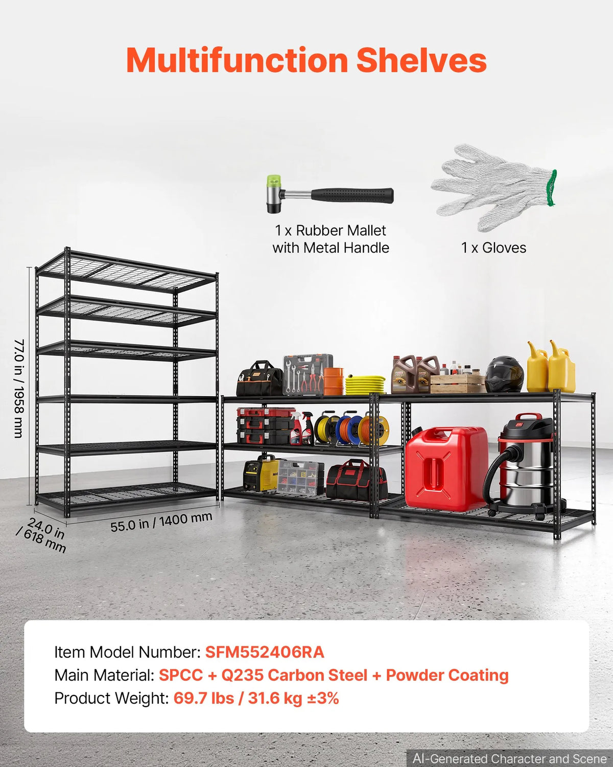 VEVOR 6 līmeņu metāla uzglabāšanas plaukts ar 1633 kg kopējo slodzi, 140 × 61,2 × 195,8 cm, regulējamiem plauktiem garāžai, noliktavai, pagrabam un virtuvei